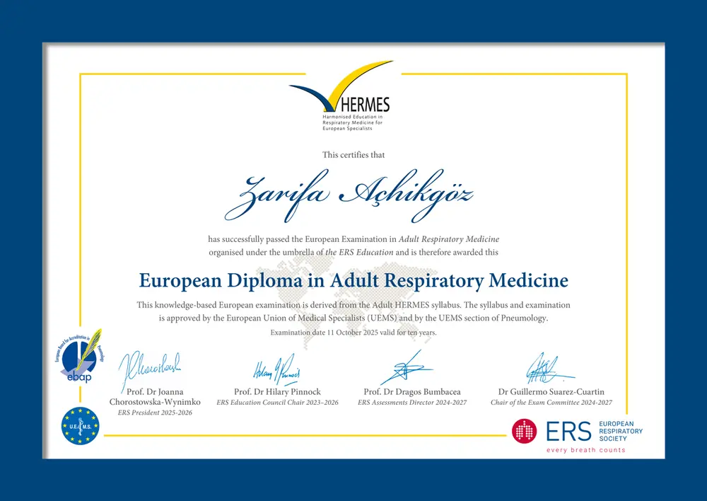 European Diploma in Adult Respiratory Medicine — ERS HERMES (2025) — belgenin taranmış görüntüsü