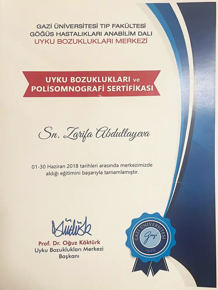 Uyku Bozuklukları ve Polisomnografi Sertifikası — belgenin taranmış görüntüsü