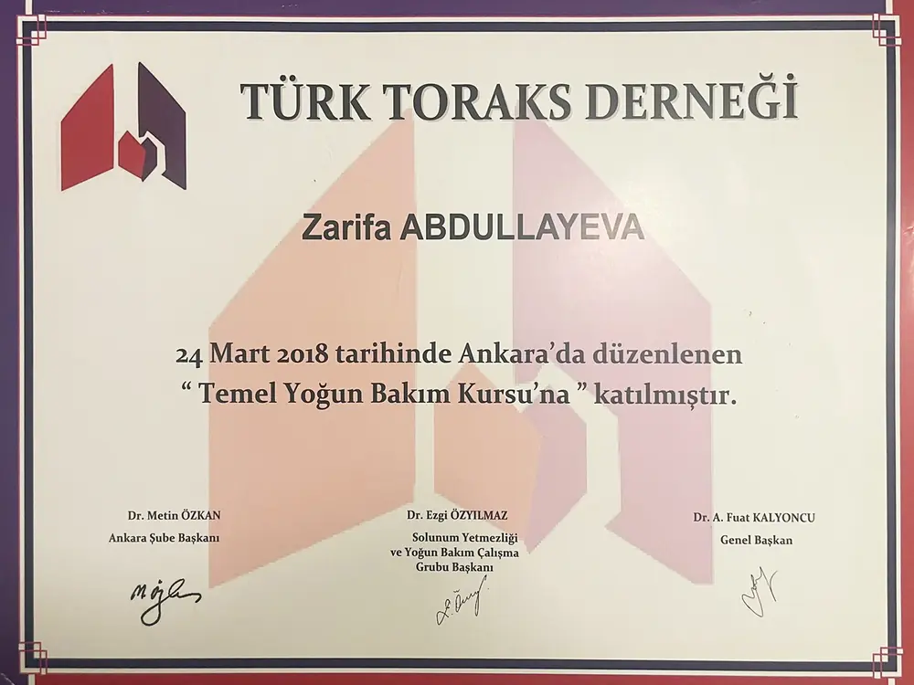 Temel Yoğun Bakım Kursu — Türk Toraks Derneği — belgenin taranmış görüntüsü