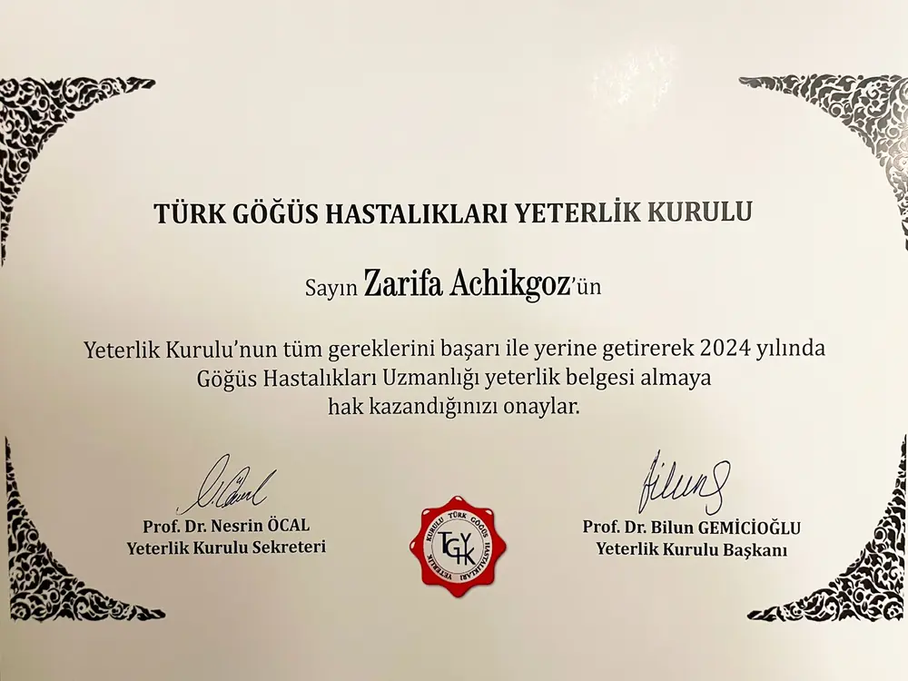 Türkiye Göğüs Hastalıkları Yeterlik Belgesi (2024) — belgenin taranmış görüntüsü