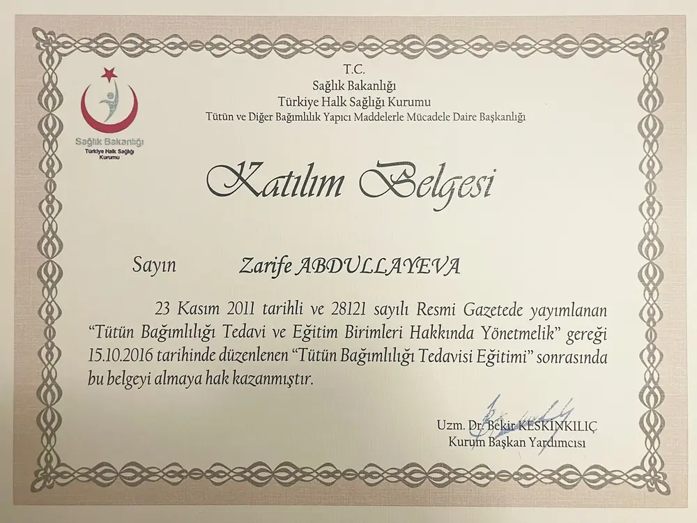 Tütün Bağımlılığı Tedavisi Eğitimi — belgenin taranmış görüntüsü